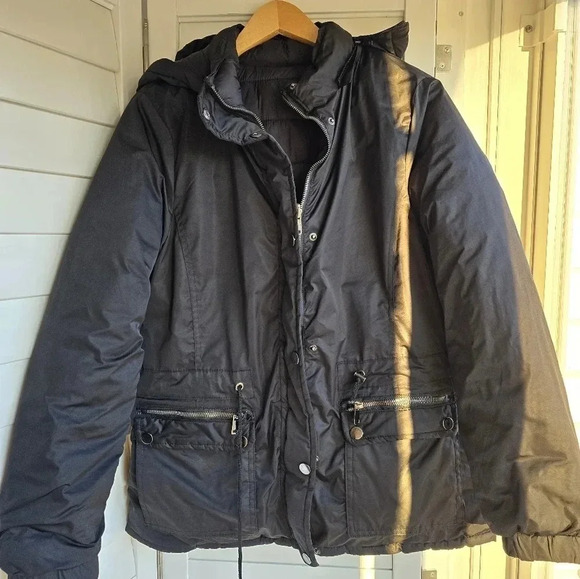 Womens Reversible Black  Jacket size M Hood - Picture 1 of 11